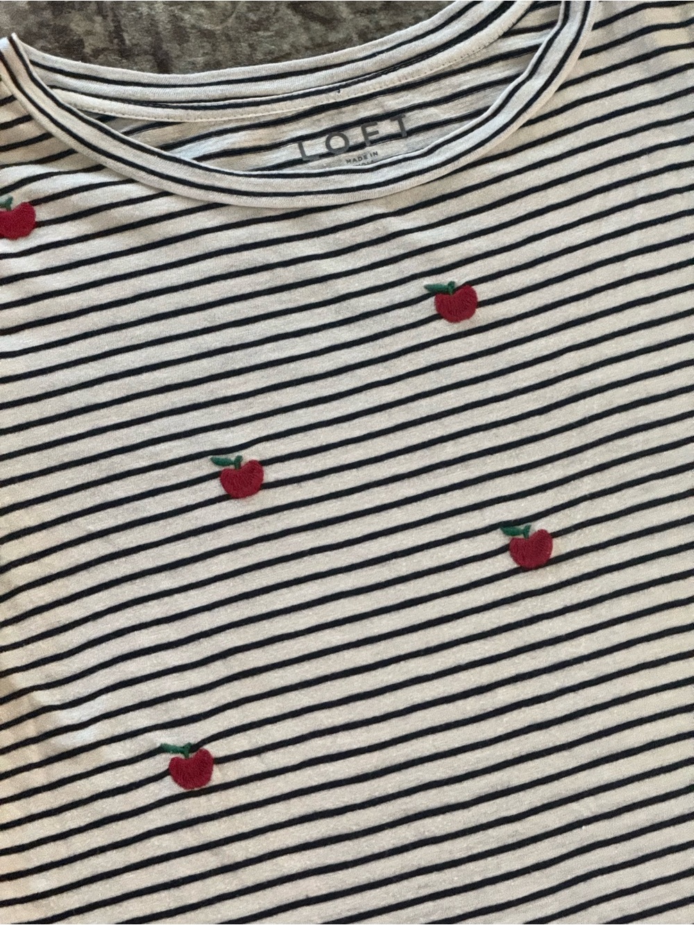 🍎 LOFT Women’s Stitched Striped Apple Tshirt Black White Back to School - Size L